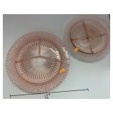 2 Divided plates, Pink Depression Glass