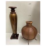 Pottery jug w/metal stand & candle holders (chip)