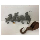 Cast iron cat hanger & metal pulley w/hook