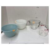 Fire King bowl, spout bowl, & measuring cups