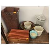Lane cedar box, crocks, glass jar, bowl, etc