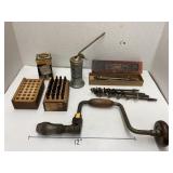 Steel letters, oil can, hand drill, bits, filter