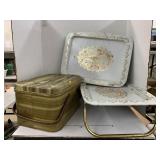 Vntg 2 Lap TV trays and Metal picnic Basket