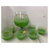 Green pitcher (crack) and 6cnt glasses