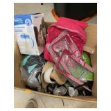 Box of license plate covers, hat, bag, umbrellas,