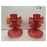 2 Red Bow Candle Stick Holders Glass