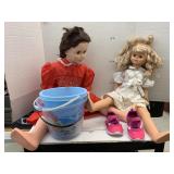 2 Dolls, 2 Pails, Bead Necklace, Shoes