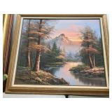 Framed, signed mountain wall hanging (24 x 30 in)