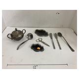 Vntg flower frogs sugar bowl, utensils, &