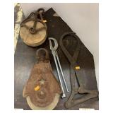 Vntg Pulleys, ice Tongs, Craftsman tool