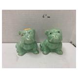 Vntg pair of green ceramic bulldog planters