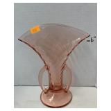 Fan Vase, Imperial Pink Glass Double Handle