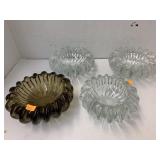 4 Heavy Ribbed Glass bowls or ashtrays
