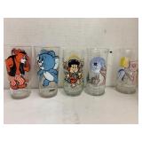 5 Vntg Character Beverage Glasses, ET, Jerry,