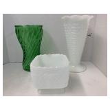 2 Vntg Vases and Square Dish, Milk Glass, Hobnail