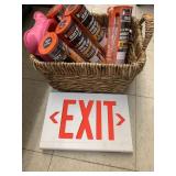 Basket, exit sign, window insulators, pet bowl