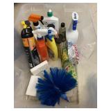 Tote of cleaner and misc