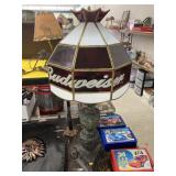 Cast iron base lamp w/Budweiser stained glass