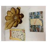Leaf Dish and 2 Indiana Postcards