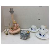 Lamp, Trinket Box, 3 Cups w Saucers