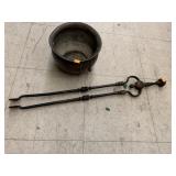 Metal pot and Cast Iron Fireplace Tongs