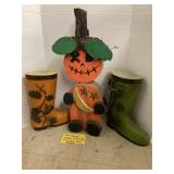 Metal Boot Planters and Heavy wooden Pumpkin Man