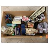 Box of office items, clock, misc
