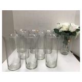 9 Glass Vases,1 Chipped, Faux Rose Flowers