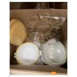 Box of glass, Tupperware, Pyrex, misc