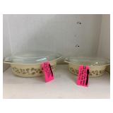 2 Pyrex Golden Acorn Dishes w Lids, chip in Lid