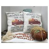 2 Pillows, Signs, Beads and a Pumpkin Decor