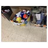 Group of plastic cups, trash can, IU umbrella,