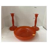 MCM orange glass bowl & candle holders