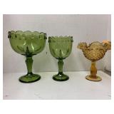 2cnt green glass pedestal dishes and amber