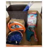 Box of dog items, trash can, misc