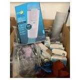 Box of fishing reel, gloves, misc