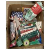Box of party decor, napkins. Blanket, misc