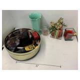 Plastic vase, candles, Welchï¿½s glass, shoe shine