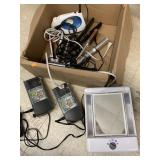 Battery chargers, mirror, hair items,