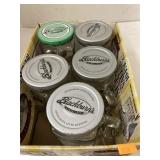 6- handled glass jars w/ lids