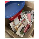 Box of party decor, bags, misc