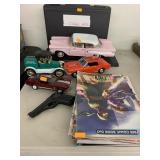 Comic books, model cars, empty box
