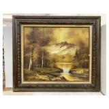 Framed mountain scape oil painting