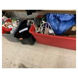 3 totes of tarp, clothes, Christmas decor, misc
