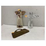 Vntg brass dustpan, Sympathy figure, & crystal