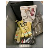 Box of baking tray, vinyl, book, misc