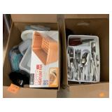 2 boxes of flatware, utensils, containers,