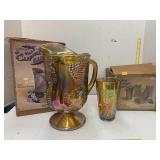 Vntg Carnival Glass Group, 4 Glasses and Pitcher