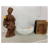Wooden ship decor, White Glass Bowl, Figurine