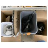Group of trash cans, umbrella, books, Speakers,